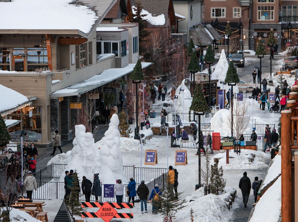 The snow sculpture exhibition at Bear Street during SnowDays Festival 2022 in Banff National Park. 
